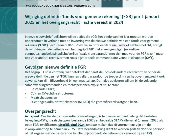 Actie vereist in 2024 – Nieuwsbrief wijziging definitie ‘fonds voor gemene rekening’ (FGR) per 1 januari 2025 en het overgangsrecht