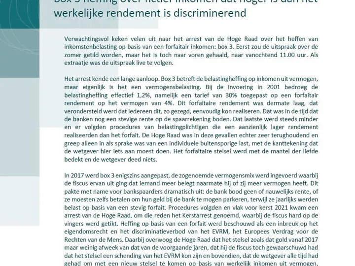Box 3 heffing over fictief inkomen dat hoger is dan het werkelijke rendement is discriminerend