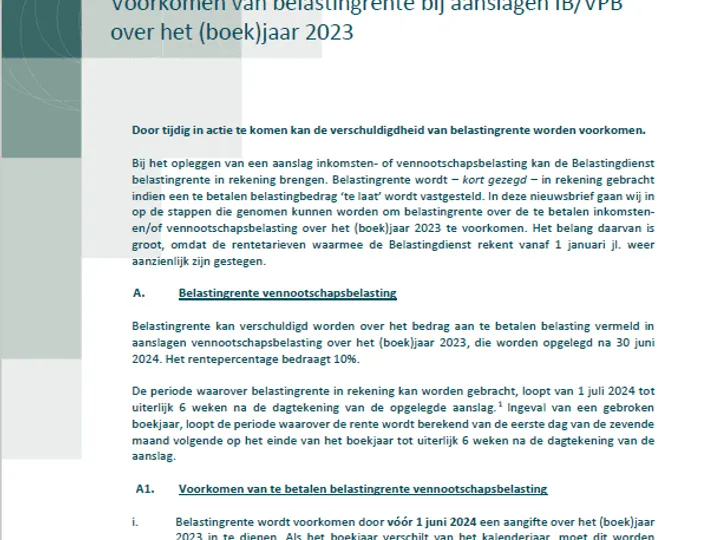 Voorkomen van belastingrente bij aanslagen IB/VPB over het (boek)jaar 2023