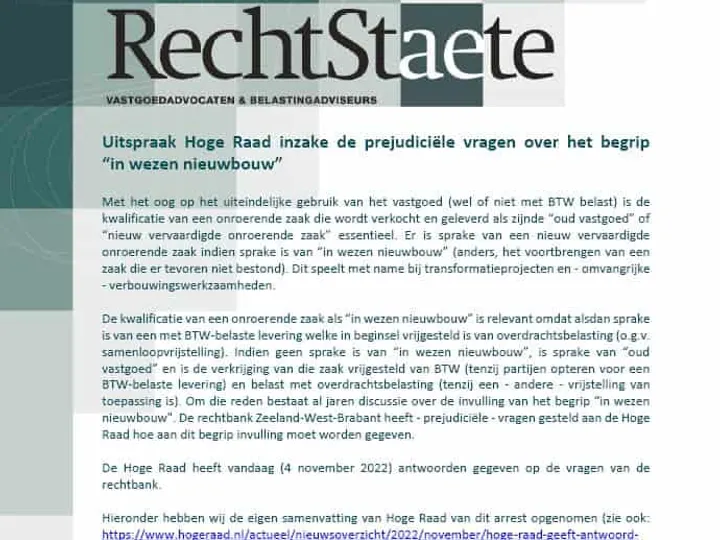 Uitspraak Hoge Raad inzake de prejudiciële vragen over het begrip “in wezen nieuwbouw”