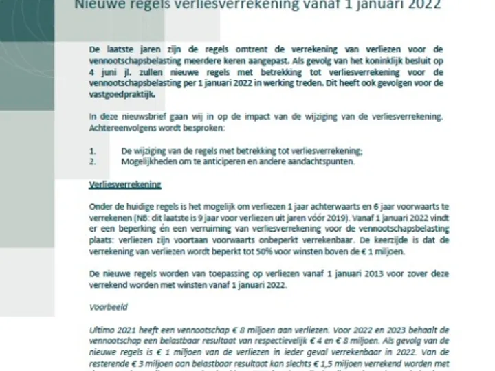 Nieuwe regels verliesverrekening vanaf 1 januari 2022
